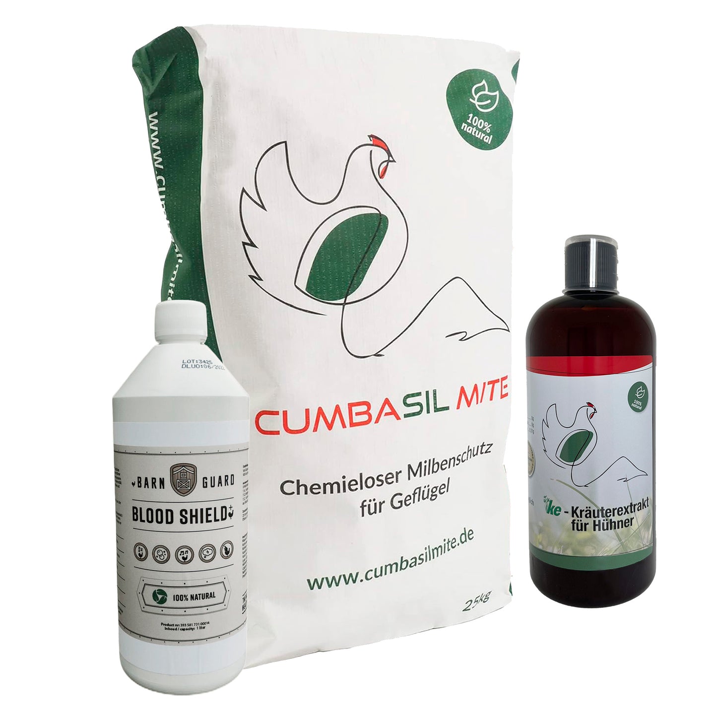 Akutset 25kg Cumbasil Mite & 1000ml KE-für Hühner & 1000ml Blood Shield