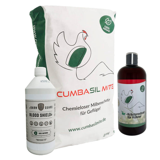 Akutset 25kg Cumbasil Mite & 1000ml KE-für Hühner & 1000ml Blood Shield