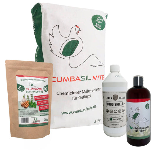 Akutset 25kg Cumbasil Mite & 1000ml KE-für Hühner & 1000ml Blood Shield & CUMBASIL BOOSZER 400g