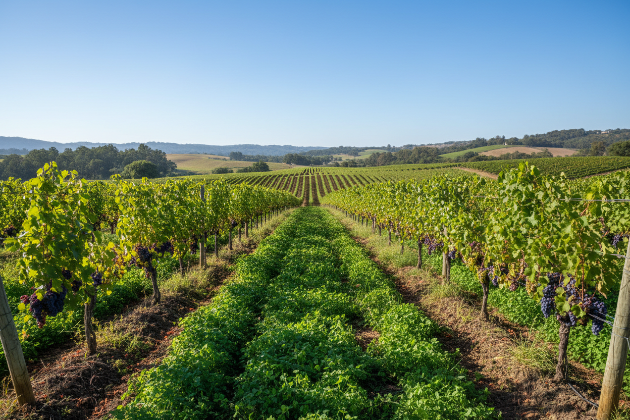 Ein ökologischer Weinberg mit Begrünungseinsaat