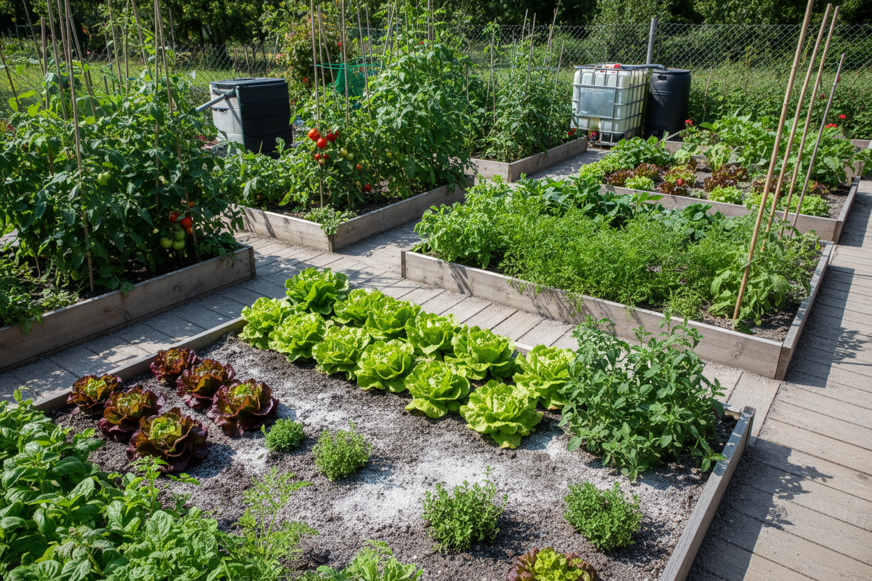 Ein selbstversorger Garten wo gerade frisch Gesteinsmehl ausgebracht wurde