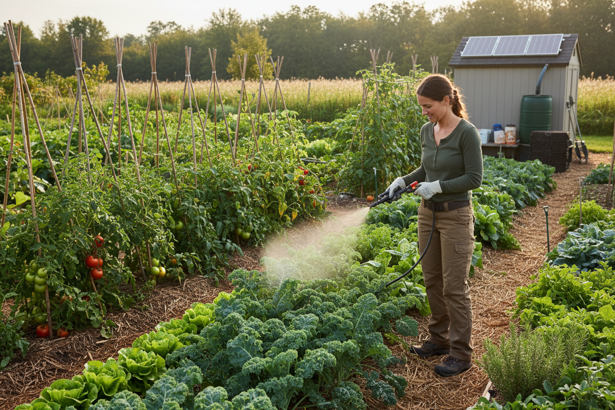Eine Gärtnerin spritzt in ihrem Selbstversorger Garten Pflanzenstärkungsmittel 