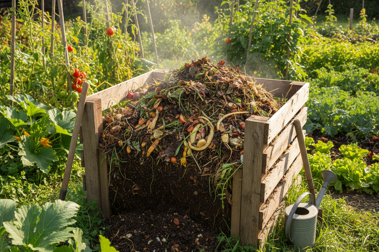 Erstelle ein Bild von einem Kompost der im eigenen Garten hergestellt wird! 